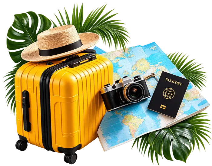 Mala, câmera e passaporte prontos para viagem